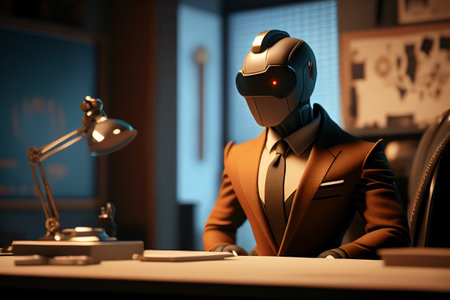 Robot businessman sitting at a desk in office. Generative AI illustrationの素材