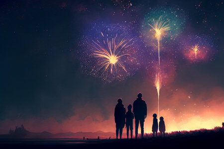Family watching fireworks at night. Generative AI illustrationの素材