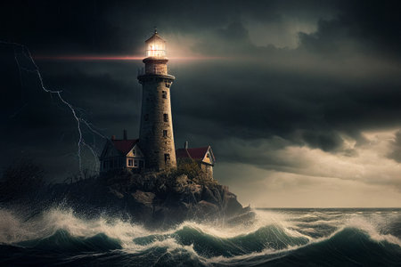 Lighthouse shining in stormy waters. Generative AI illustrationの素材