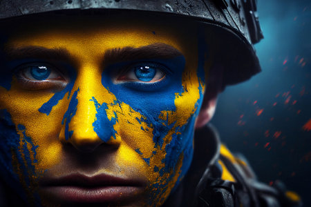 Ukrainian soldier with face covered in colors of ukrainian flag. Generative AI illustrationの素材