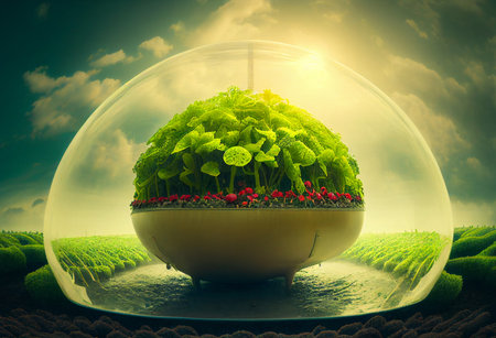 Future Greenhouse concept of plants growing. Generative AI illustrationの素材