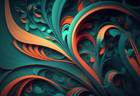 Green and orange abstract waves background. Generative AI illustrationの素材