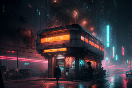 Cyberpunk streets illustration, futuristic city at night, wallpaper. Rainy and foggy, moody empty future. Generative AI illustrationの素材