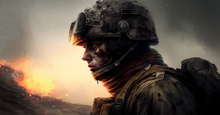 Soldier portrait in uniform on battlefield. Generative AI illustrationの素材