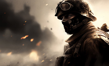 Soldier portrait in uniform on battlefield. Generative AI illustrationの素材