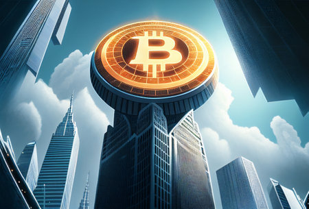 Bitcoin symbol on top of a skyscrsper. Generative AI illustrationの素材
