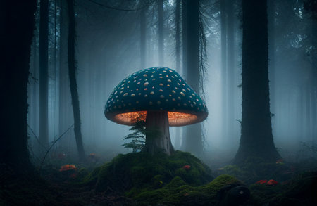 Fairytale mushroom as a house in spooky forest. Generative AI illustrationの素材