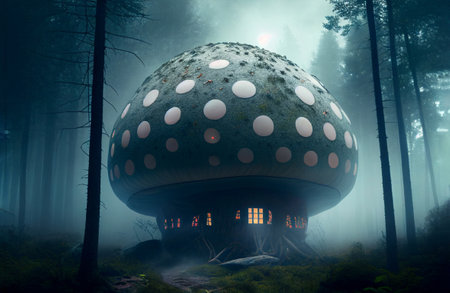 Fairytale mushroom as a house in spooky forest. Generative AI illustrationの素材