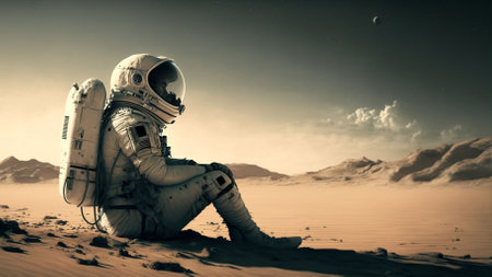 Spaceman lost in the desert sitting on sand. Generative AI illustrationの素材