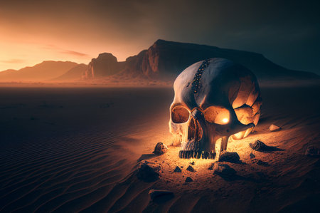 Giant skull in night desert. Generative AI illustrationの素材