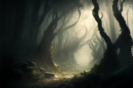 Scary deep forest with fog and a path to light. Generative AI illustrationの素材