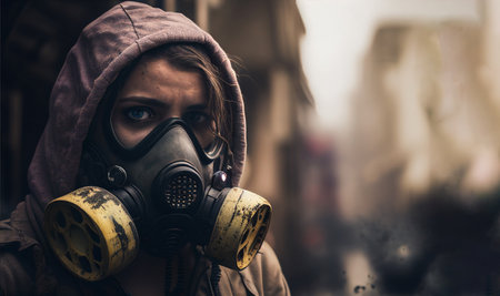 Post Apocalyptic world. Person wearing a gas mask to protect against toxic atmosphere. Generative AI illustrationの素材