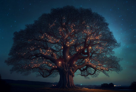 Tree of life with shining lights next to a village. Generative AI illustrationの素材