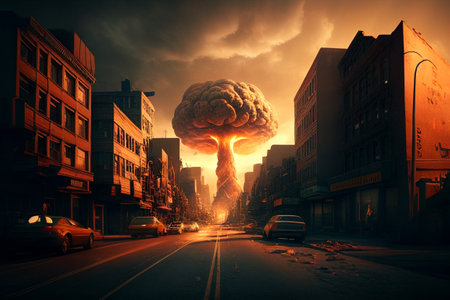 Nuclear bomb explosion in the city. Generative AI illustrationの素材
