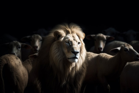 Lion in dark nature background. Generative AI illustrationの素材