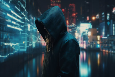 Person in neon cyborg lights. Generative AI illustrationの素材