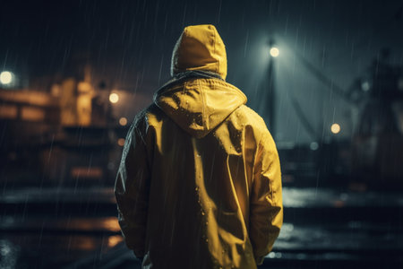 Lonely man looking at a city in yellow raincoat. Generative AI illustrationの素材