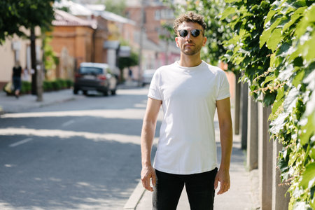 Hipster handsome male model wearing white blank t-shirt with space for your logo or design in casual urban styleの写真素材