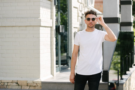 Hipster handsome male model wearing white blank t-shirt with space for your or design in casual urban styleの写真素材