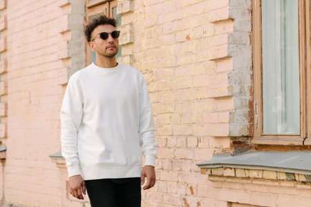 Man wearing white sweatshirt or hoodie for mock up, designs or design prints with with free space on the city streets.の写真素材