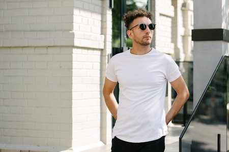 Hipster handsome male model wearing white blank t-shirt with space for your or design in casual urban styleの写真素材