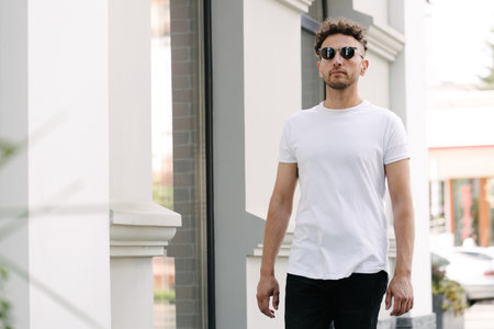 Hipster handsome male model wearing white blank t-shirt with space for your or design in casual urban styleの写真素材