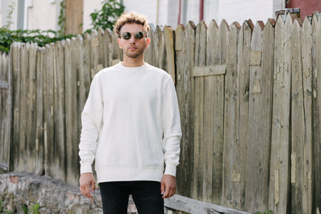 Man wearing white sweatshirt or hoodie for mock up, designs or design prints with with free space on the city streets.の写真素材