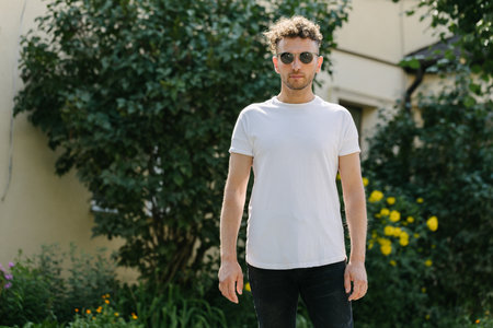 Hipster handsome male model wearing white blank t-shirt with space for your or design in casual urban styleの写真素材