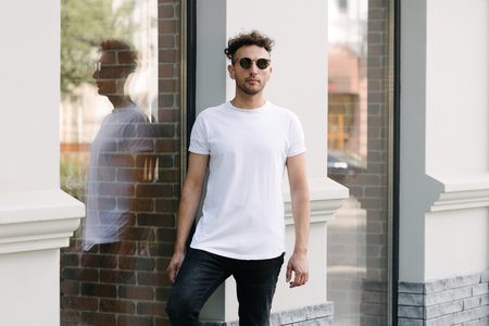 Man wearing white sweatshirt or hoodie for mock up, designs or design prints with with free space on the city streets.の写真素材