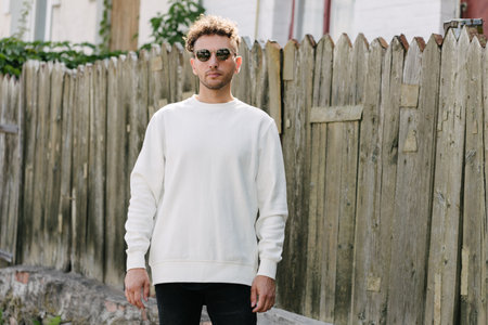 Man wearing white sweatshirt or hoodie for mock up, designs or design prints with with free space on the city streets.の写真素材