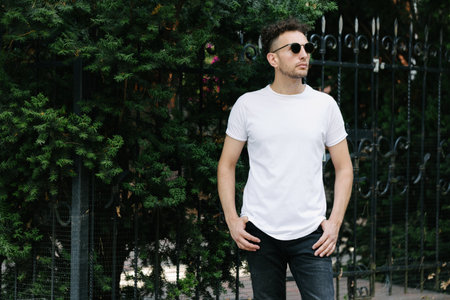 Hipster handsome male model wearing white blank t-shirt with space for your  or design in casual...