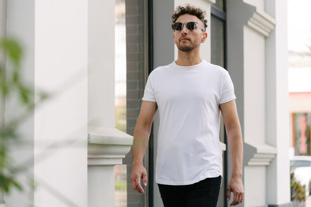 Hipster handsome male model wearing white blank t-shirt with space for your or design in casual urban styleの写真素材