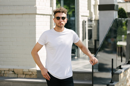 Hipster handsome male model wearing white blank t-shirt with space for your or design in casual urban styleの写真素材