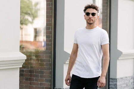Hipster handsome male model wearing white blank t-shirt with space for your or design in casual urban styleの写真素材