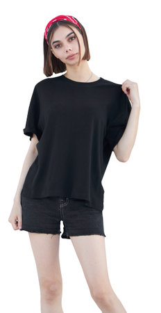 Woman wearing black blank t-shirt with space for your logo, mock up or design isolated on white backgroundの写真素材