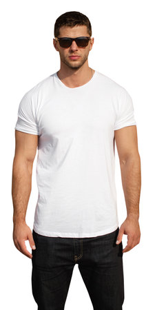 Handsome man wearing white blank t-shirt on white backgroundの写真素材