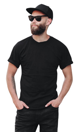 Hipster handsome male model with beard wearing black blank t-shirt with space for your logo or design on white backgroundの写真素材