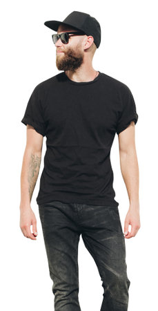 Cool Man with beard wearing black blank t-shirt with space for your logo or design on white backgroundの写真素材
