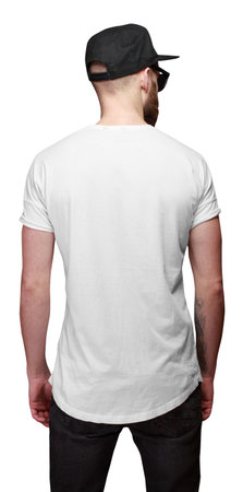 T-shirt back view on a man with space for your logo or design over white backgroundの写真素材