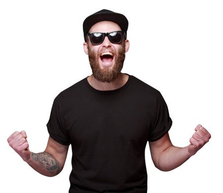 Man with beard wearing black blank t-shirt with free space isolated on white backgroundの写真素材