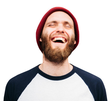 Hipster man smiling and wearing white blank t-shirt isolated on white backgroundの写真素材