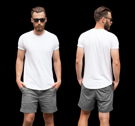 Front and back view of a handsome man with beard wearing white blank t-shirt with space for your logo or design isolated on black colorの写真素材