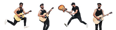 Guitar player singing outside. Hipster guitar player with beard and black clothes isolated on white...