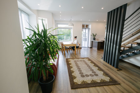 Woman working in modern private home interiorの写真素材