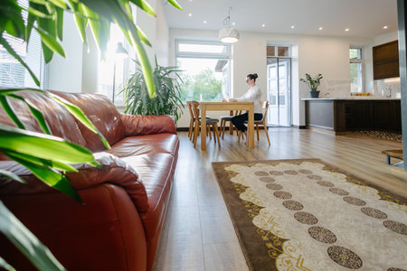 Woman working in modern private home interiorの写真素材
