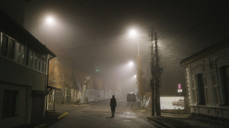 A man walks on a street in the fog. View from the back.の写真素材