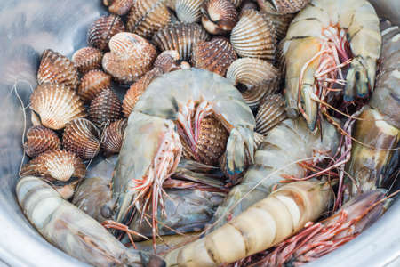 Top view of fresh shrimp and cockle ready to cook.の写真素材