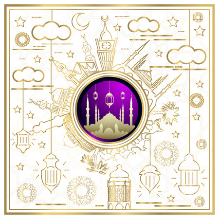Eid mubarak islamic greeting list pattern with crescent, lanterns, mecca and arabian traveller on camel for background and greeting card islamic illustratorのイラスト素材