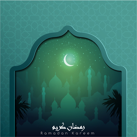 Ramadan Kareem with Arabic calligraphy & mosques at night accompanied by sparkles of stars & moon for illustrative Islamic background &  greeting card. translation of text : blessed festivalのイラスト素材