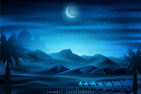 Arabian land by riding on camels at night accompanied by sparkles of stars, mosques, lanterns for illustrative Islamic backgroundのイラスト素材
